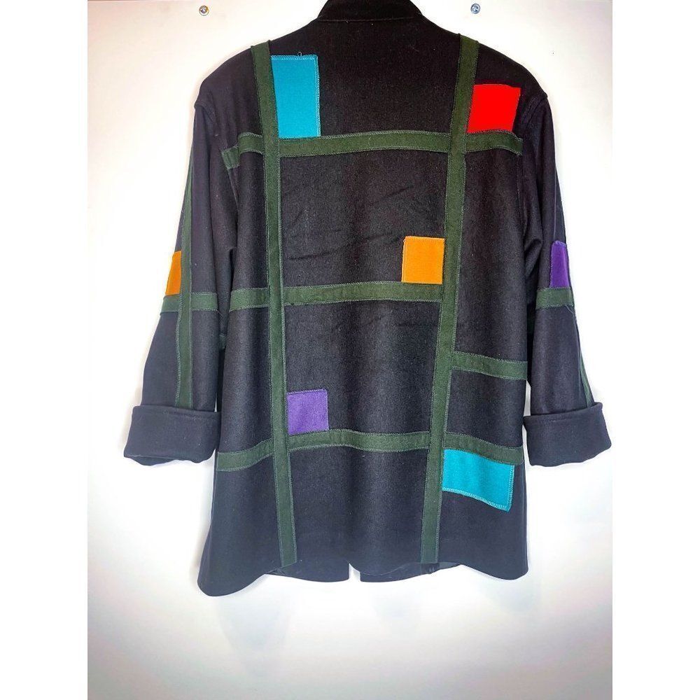 Vintage Retro Black Wool Colorblock Coat Funky - Picture 3 of 9
